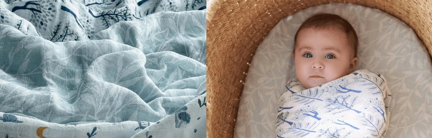 Sustainable Fabrics and Swaddled Baby in Bassinet