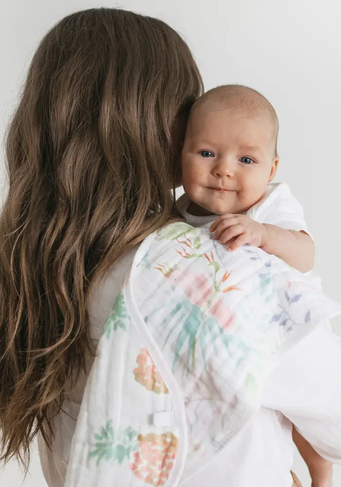 Mother and Baby with Essentials Cotton Muslin Burpy Bib in Tropicalia