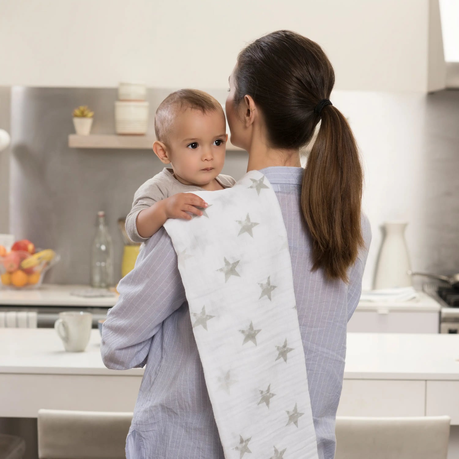 Mother and Child with Muslin Swaddle - Grey Stars